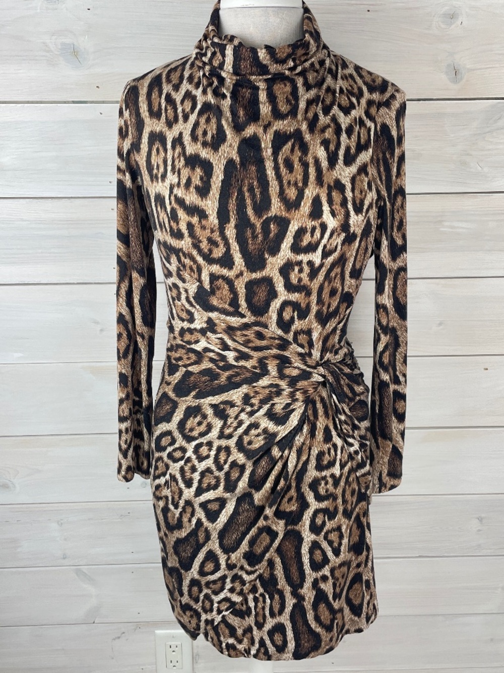 Black Label by Chicos 0.5 Leopard Print Long Sleeve Rushed Dress